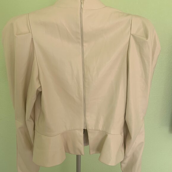 Express Faux Leather Top Size M Ivory Cream Mock Neck Puff Sleeve Peplum zip - Picture 6 of 15
